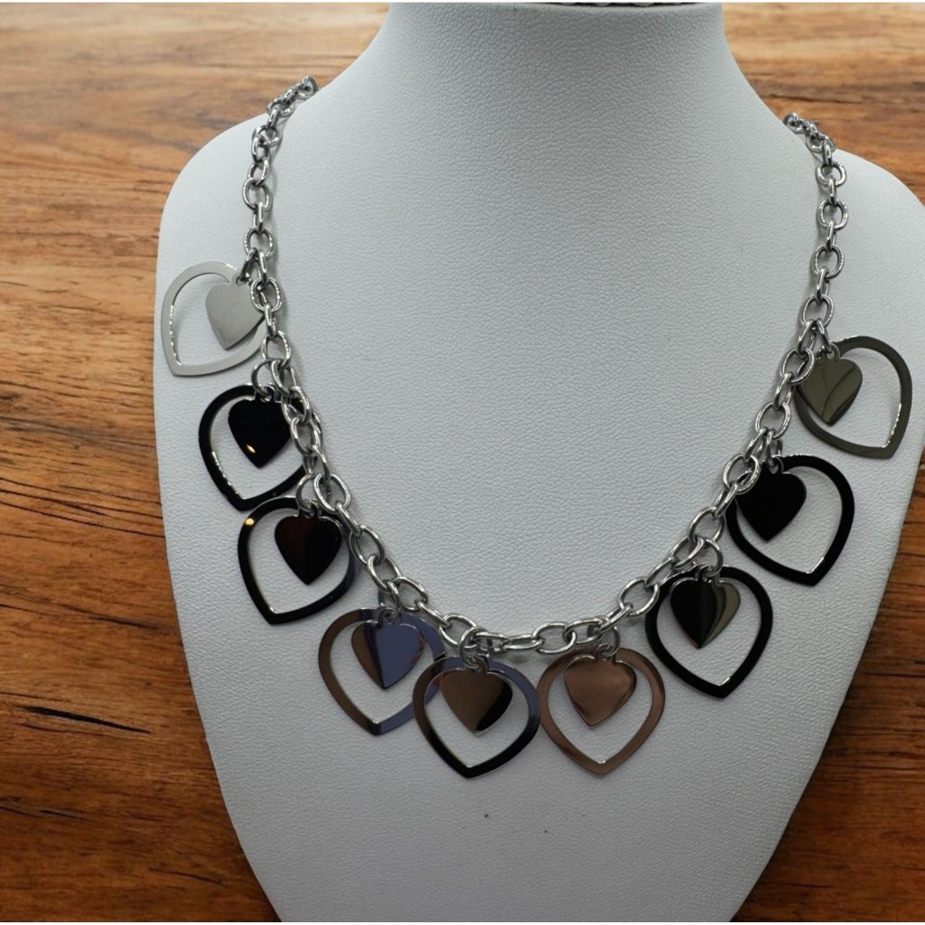 Steel By Design Adjustable Multi Heart Necklace Silver Tone Milor Italy 20